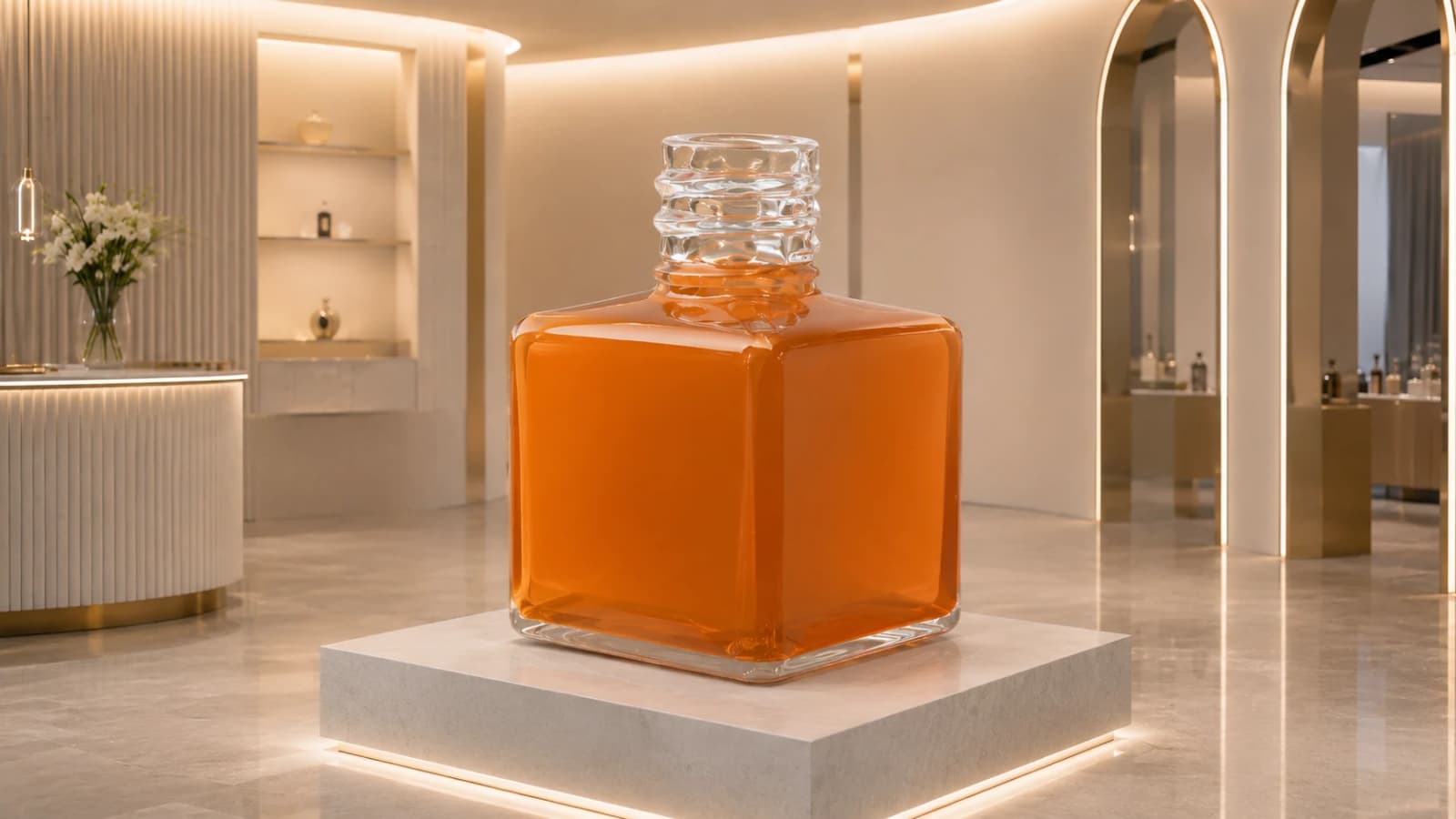 Oversized perfume bottle replica presented in a commercial display setting