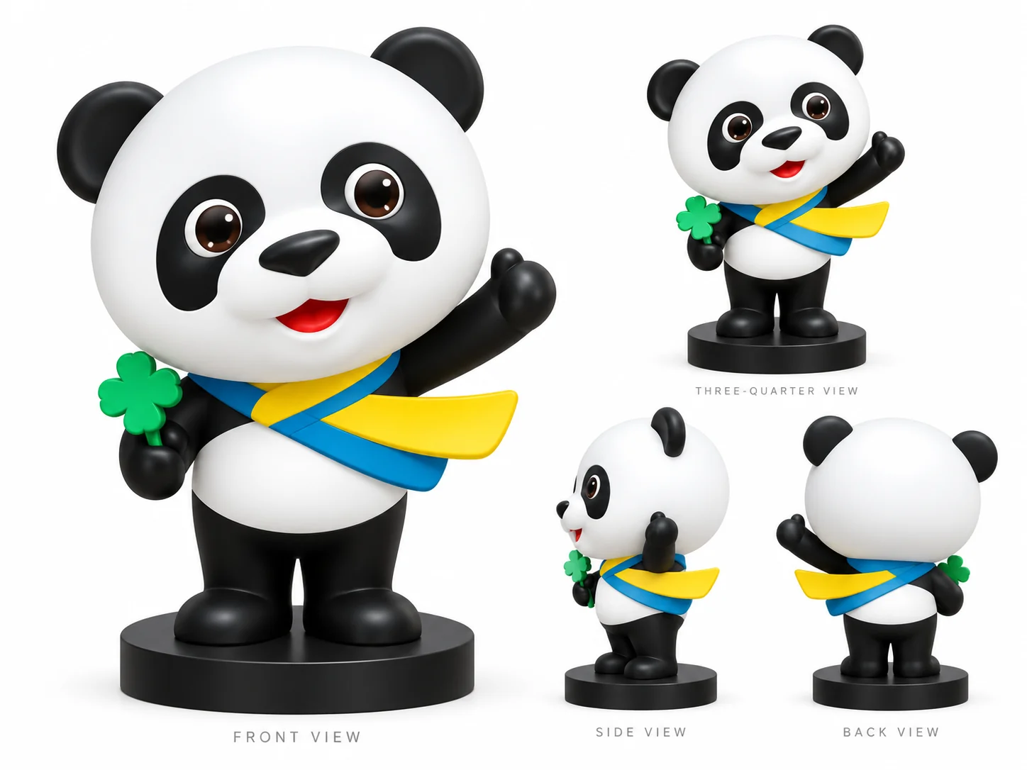 Panda mascot character shown from front, three-quarter, side and rear views