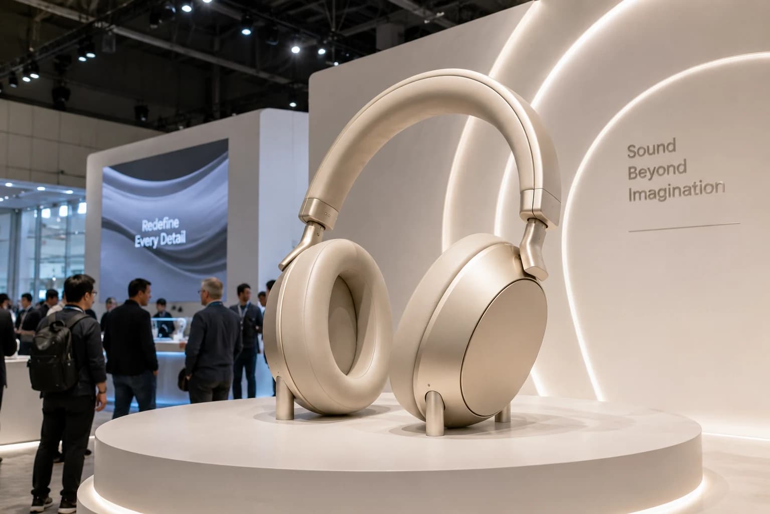 Oversized headphones replica in a modern technology exhibition setting