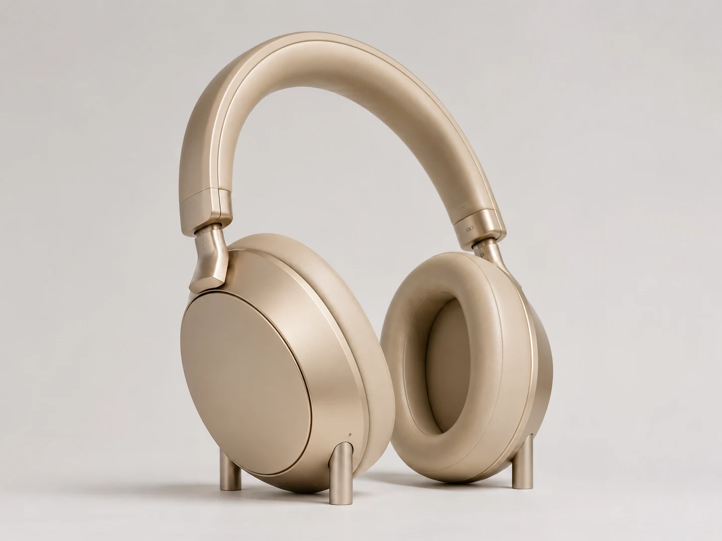 Oversized champagne-gold headphones form on a neutral background