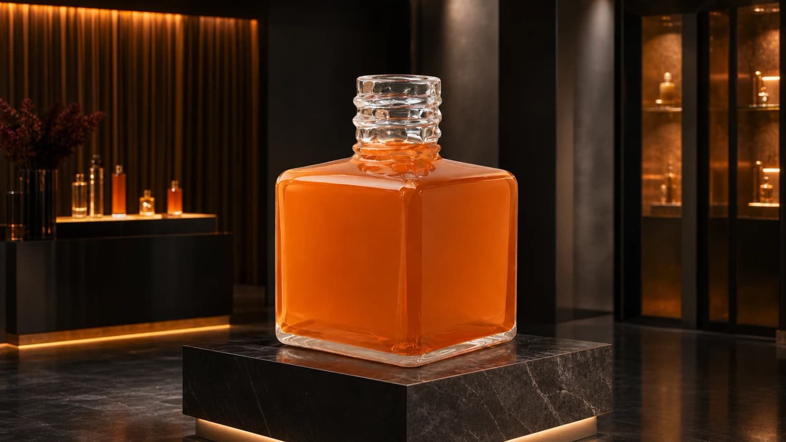 Oversized perfume bottle replica presented in a premium retail display environment