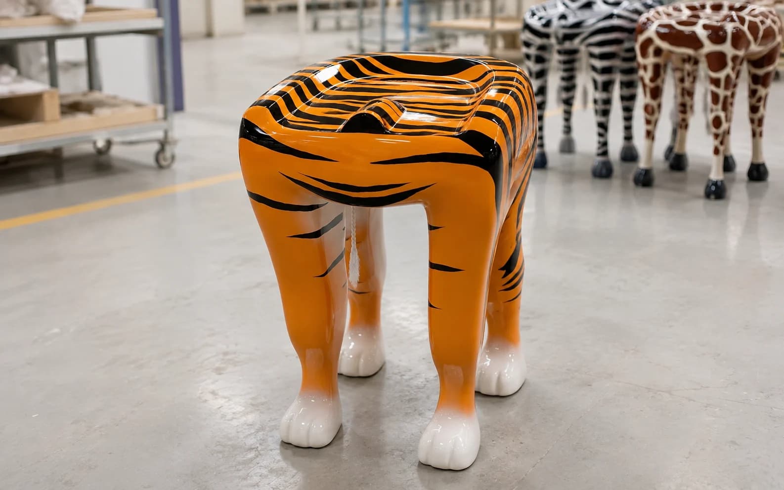 Finished tiger-pattern sculptural seating showing smooth glossy surfaces and clean painted graphic details.