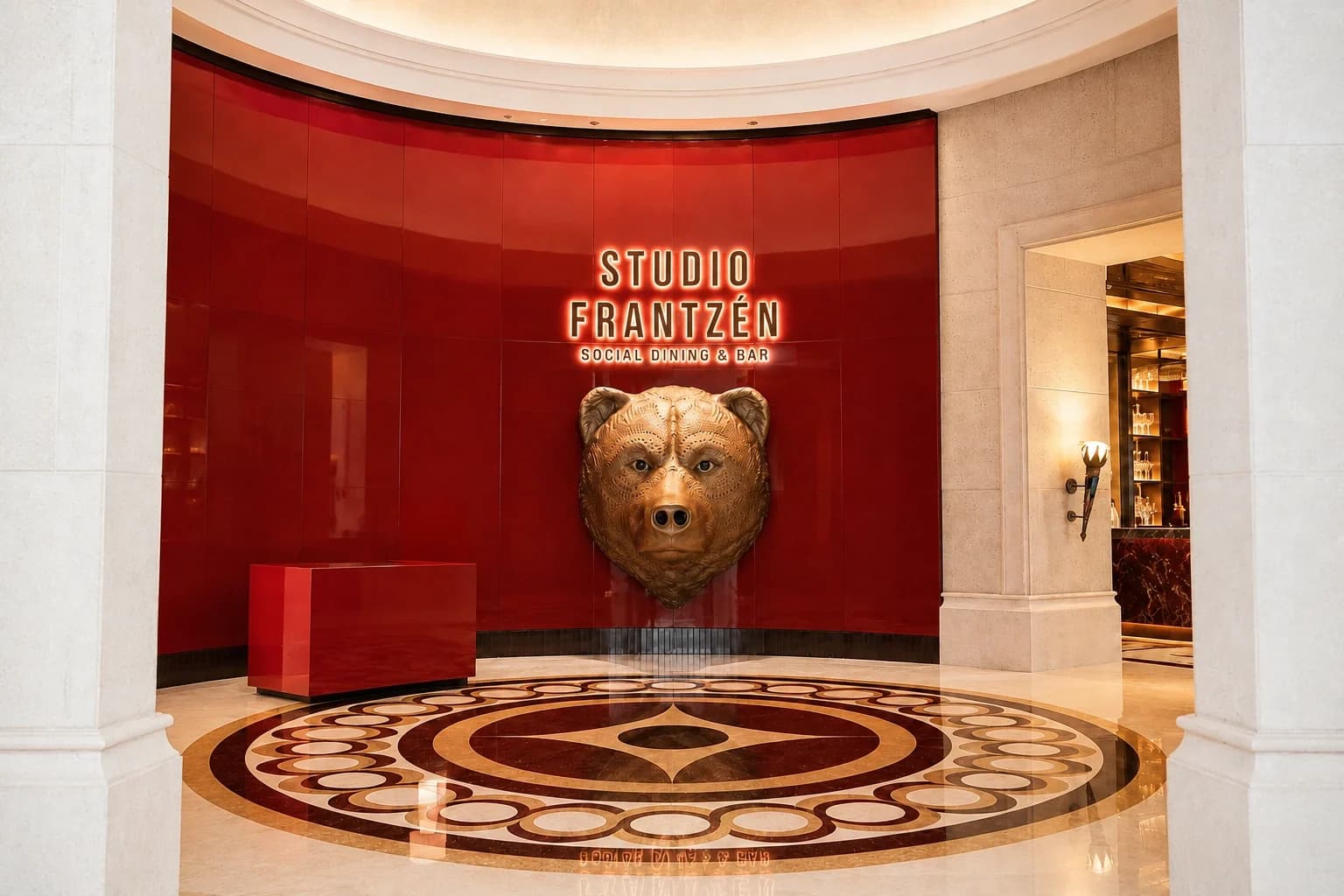 Large bear sculpture installed at Studio Frantzén in Dubai within a hospitality interior.
