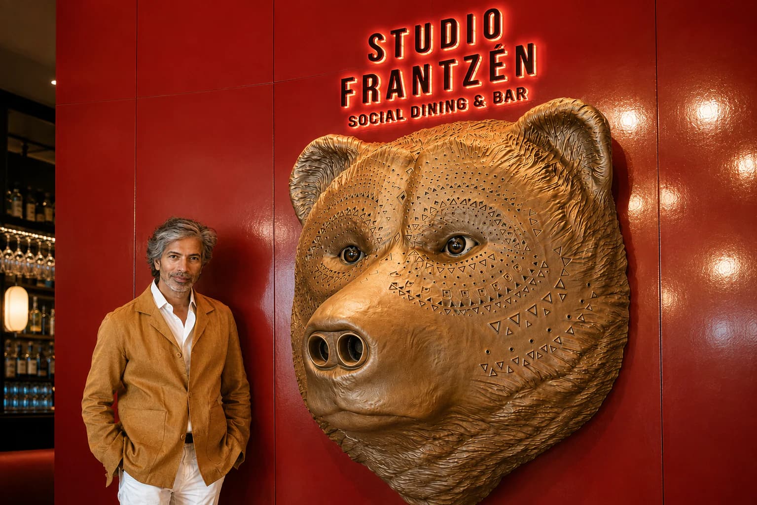 Completed bronze-brown bear sculpture installed at Studio Frantzén in Dubai with a person providing scale.