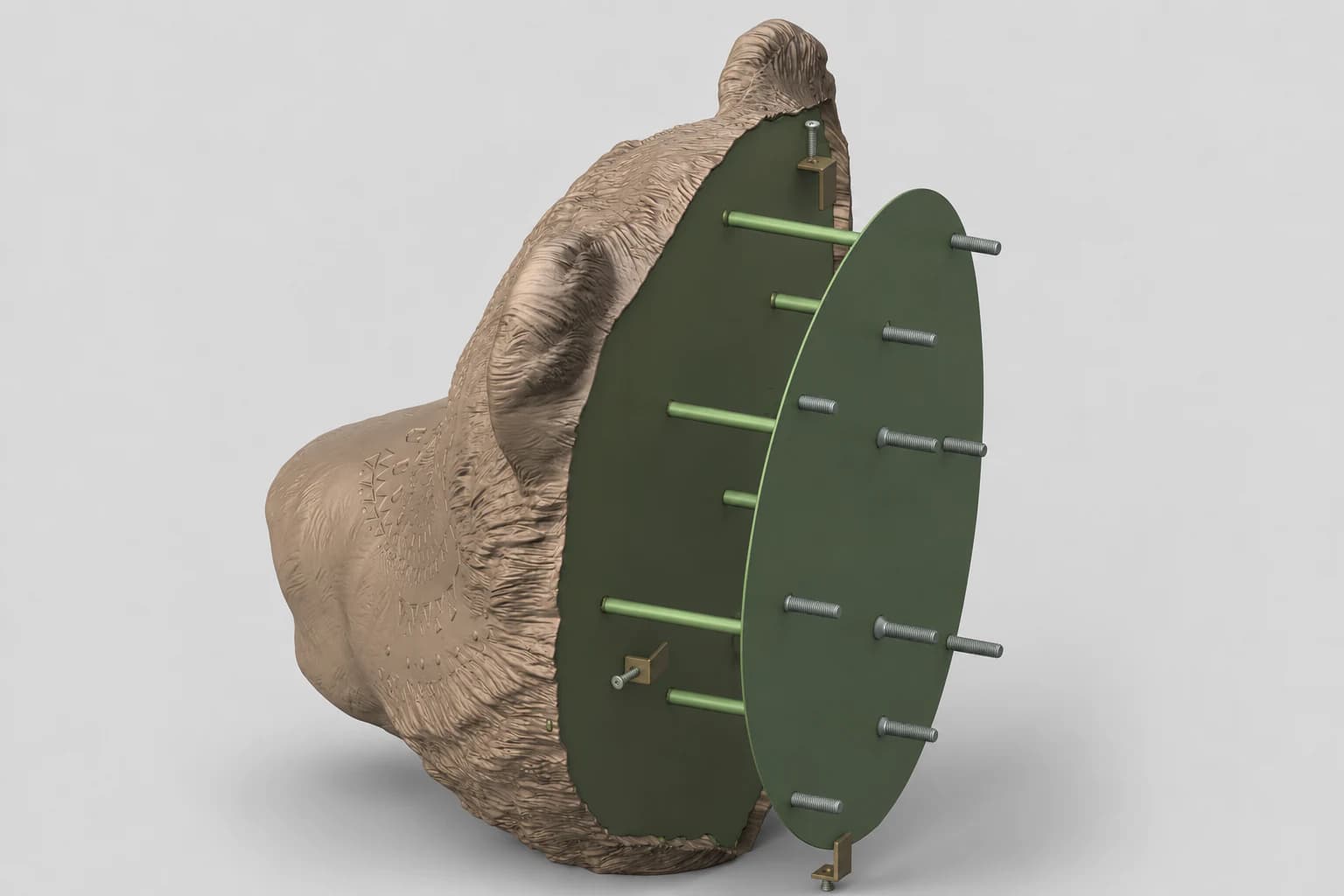 Rear structural mounting system designed for a large wall-mounted bear sculpture.