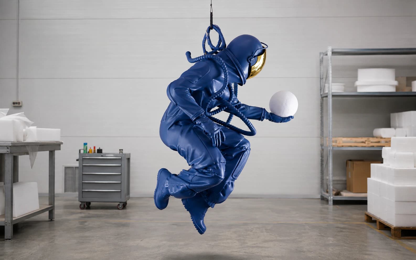 Finished deep-blue suspended astronaut sculpture shown as a complete physical object inside the YAVIS workshop.