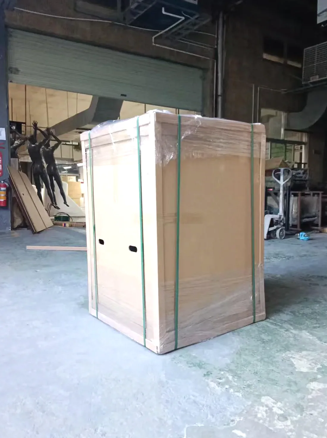 Protective shipping crate prepared for a Treezo mascot sculpture