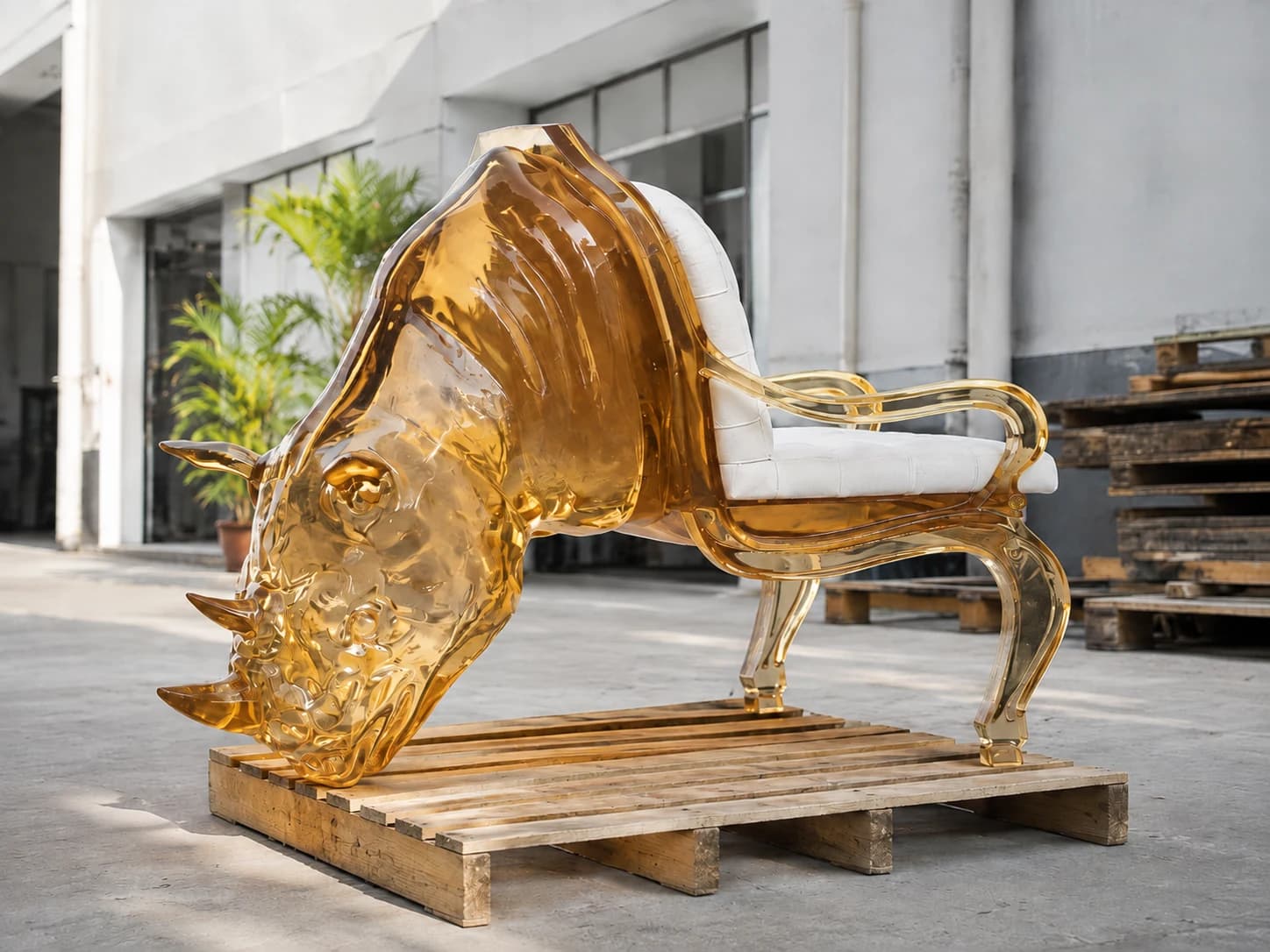 Amber translucent rhino sculptural seating prop in an industrial staging area