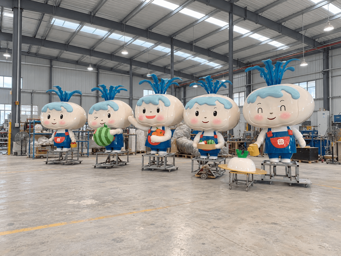 Five finished mascot sculptures in the YAVIS steel-structure workshop