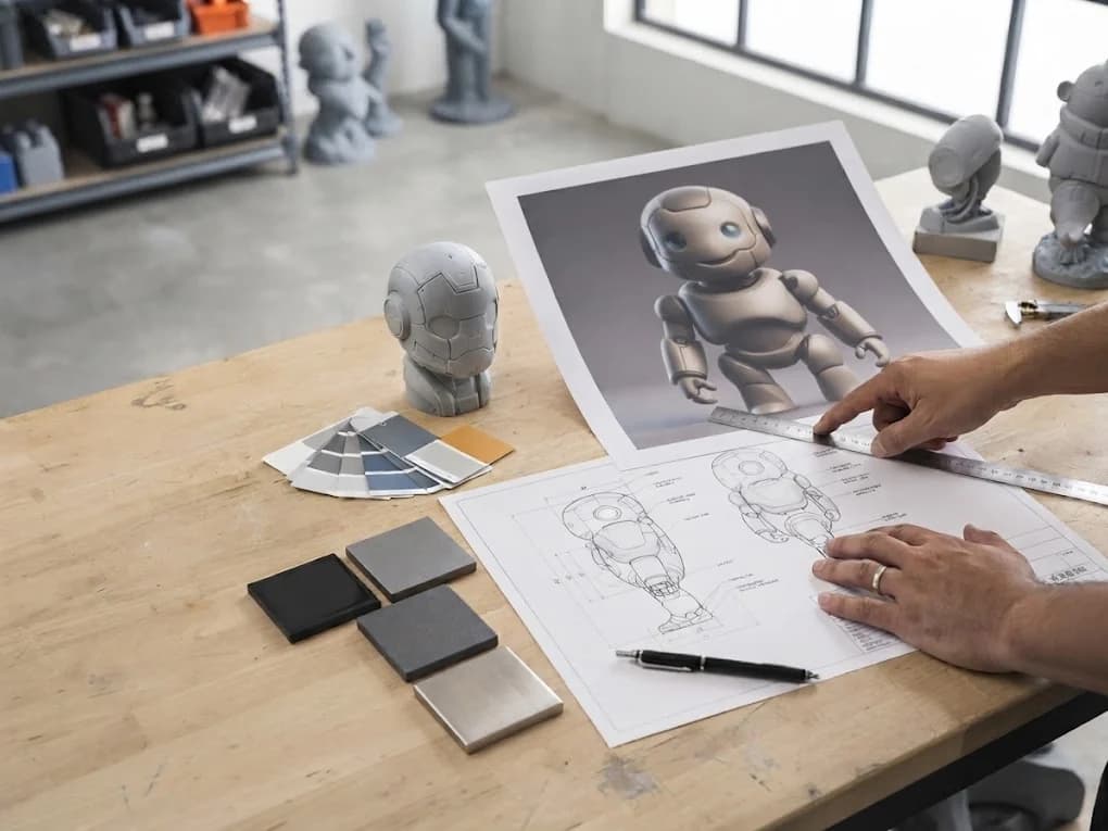 Production review of a commercial sculpture design with technical drawings and prototype samples