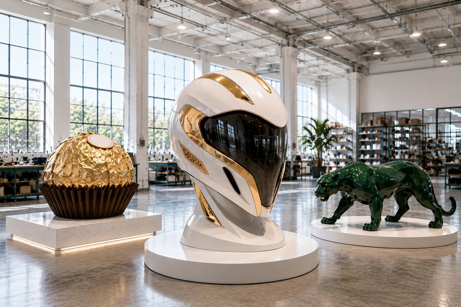 Oversized product replica, futuristic character head and panther sculpture displayed in a workshop