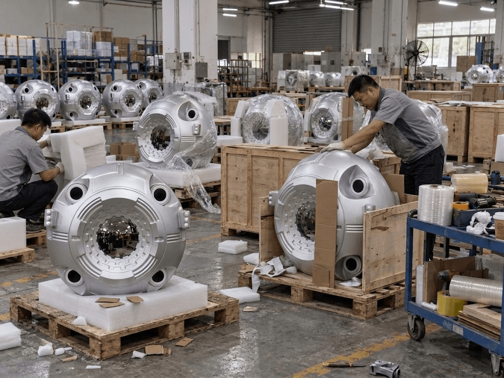 Multiple silver spherical sculptural display units being packed on pallets in the workshop