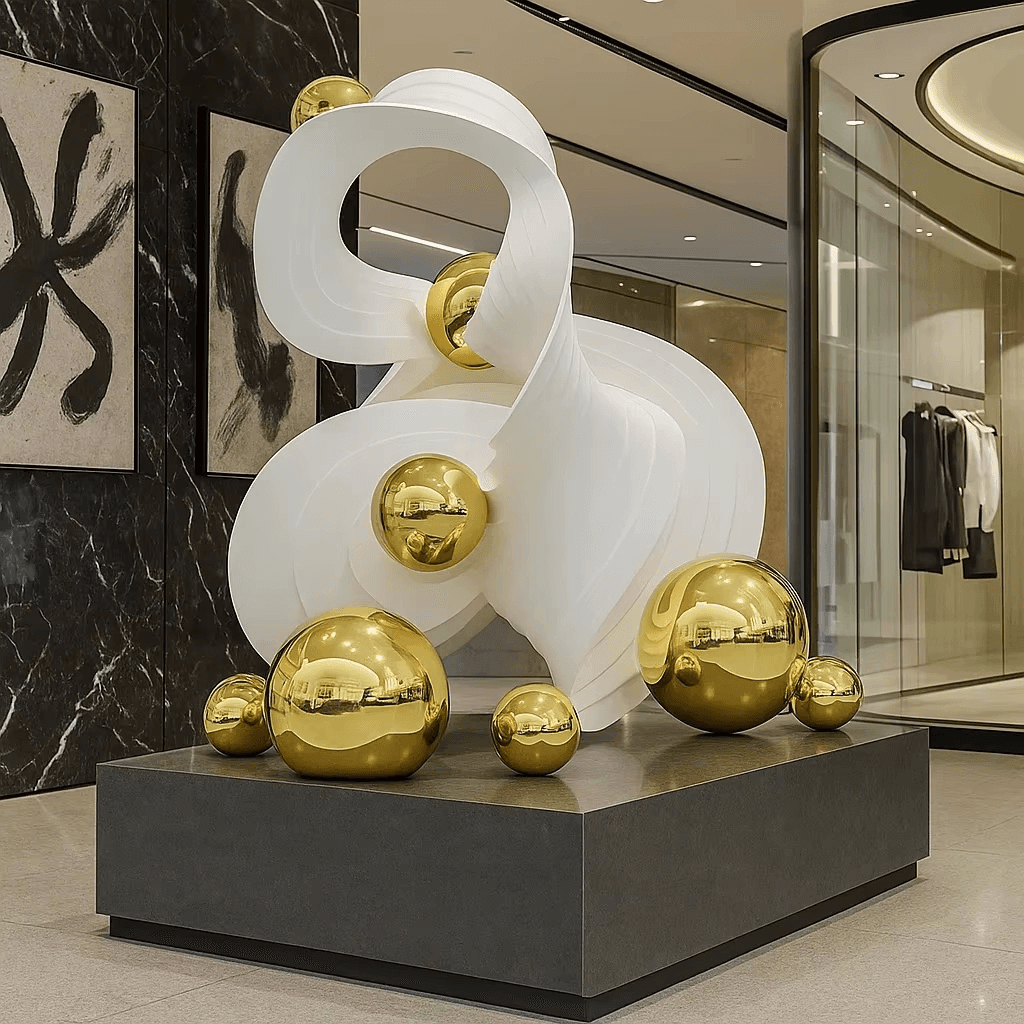 Installed complex-form sculptural display in a commercial interior setting