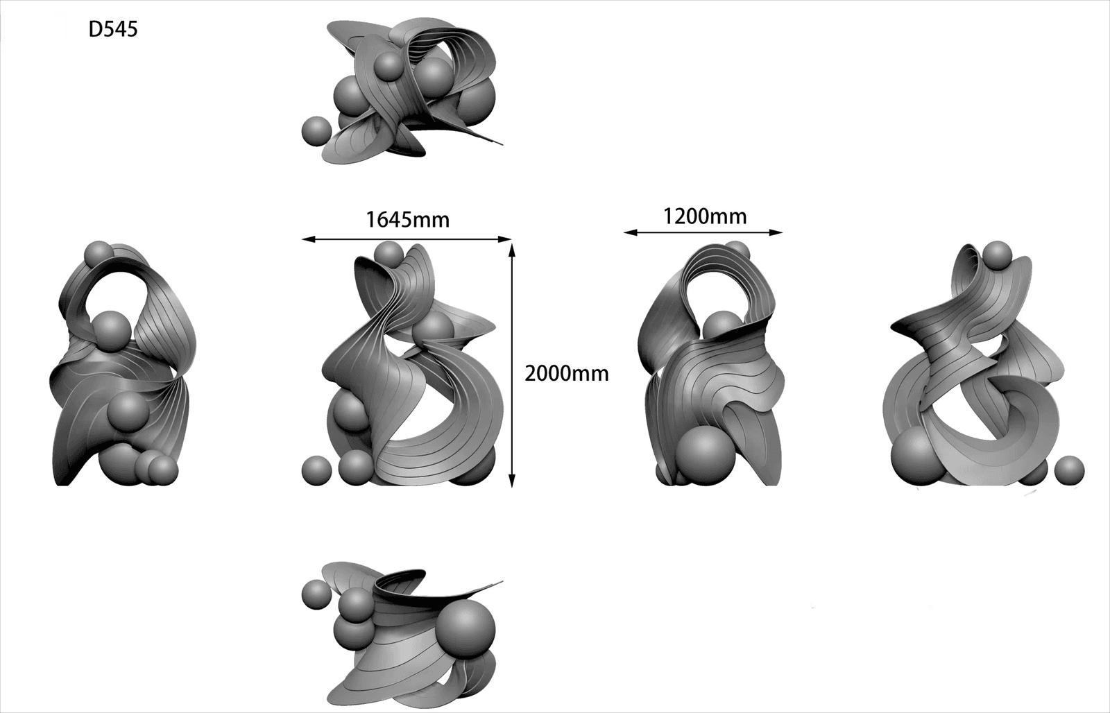 Multi-view design reference for complex-form sculptural display
