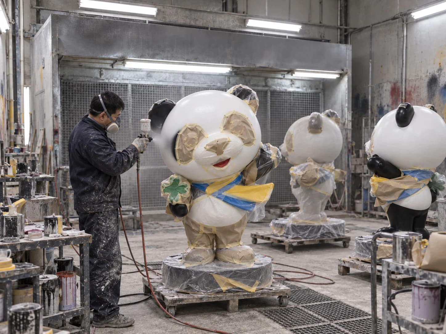 Depiction of masking and paint application on panda mascot sculptures