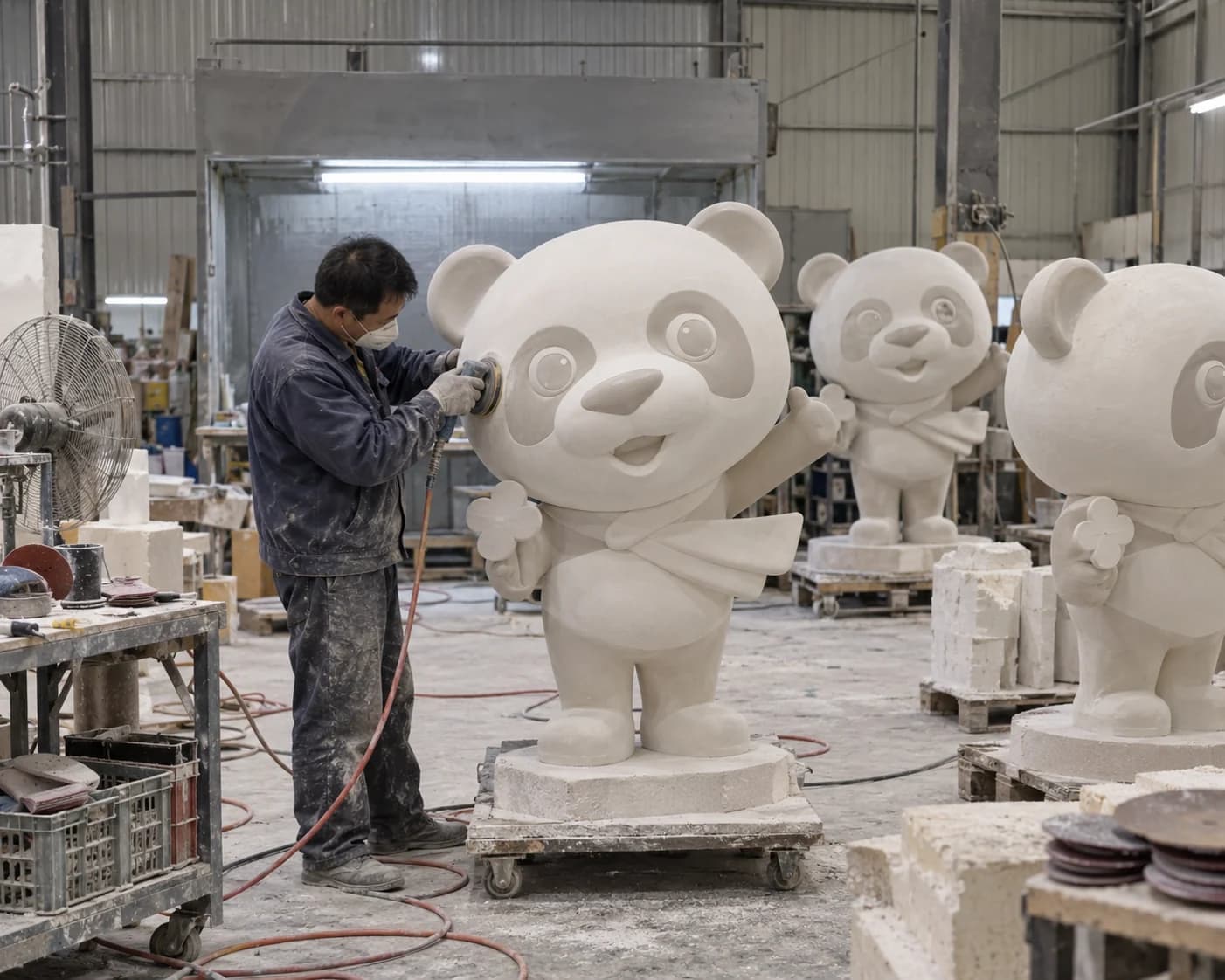 Depiction of surface preparation on unfinished panda mascot sculptures