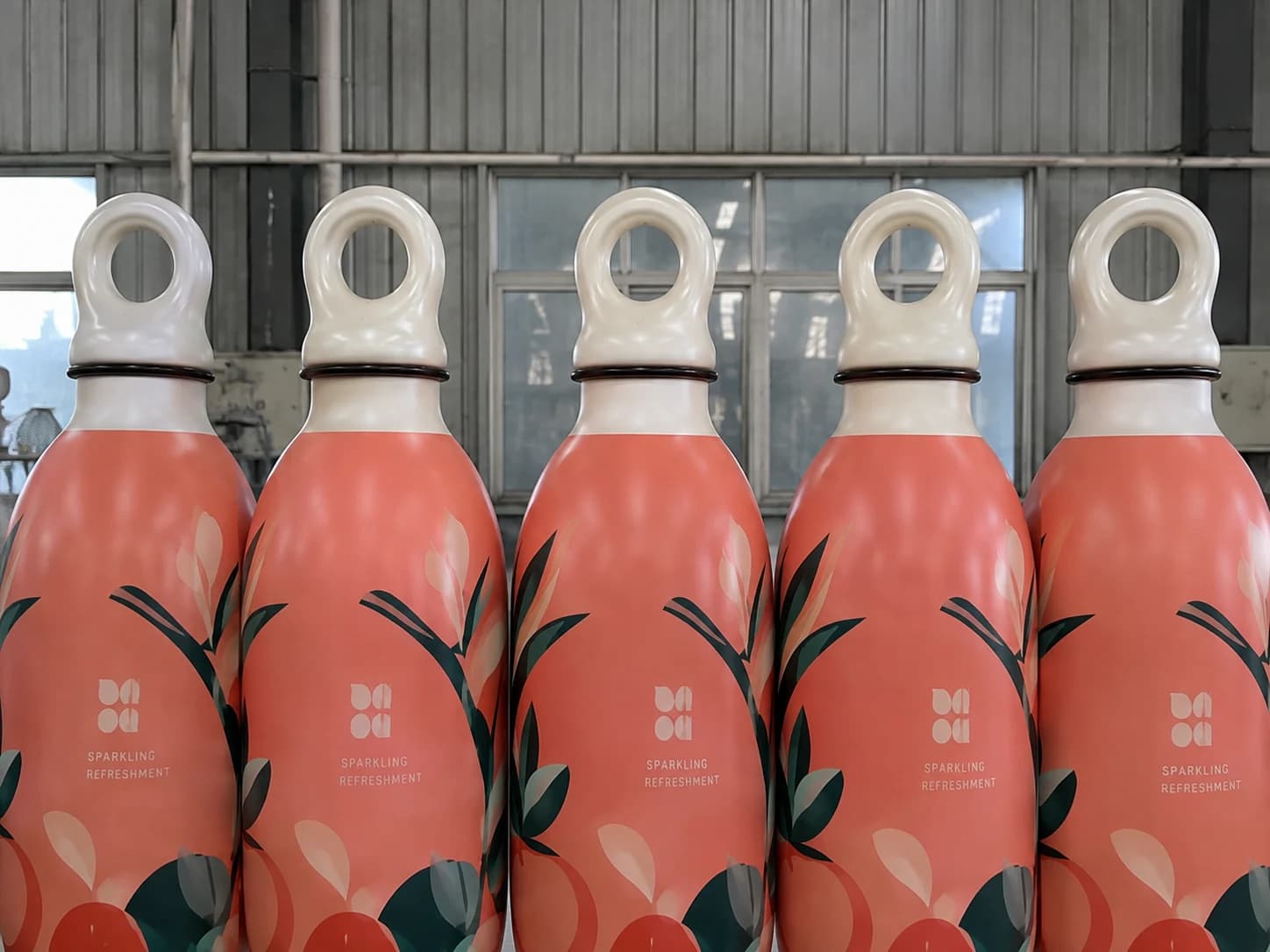 Five matching oversized beverage replicas showing consistent graphics and finish