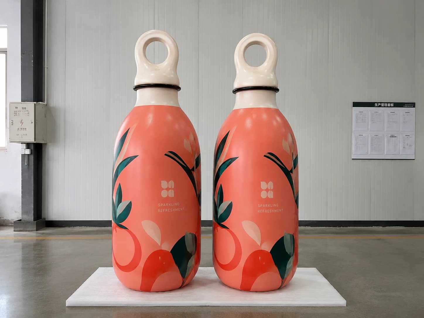 Two matching oversized beverage replicas shown before delivery