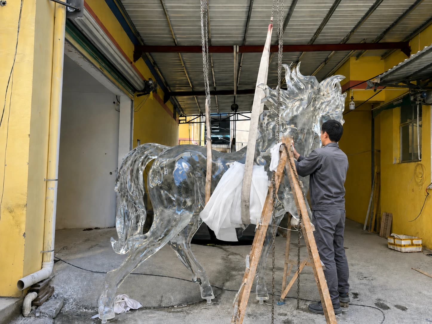 Large transparent horse sculpture being handled in the workshop