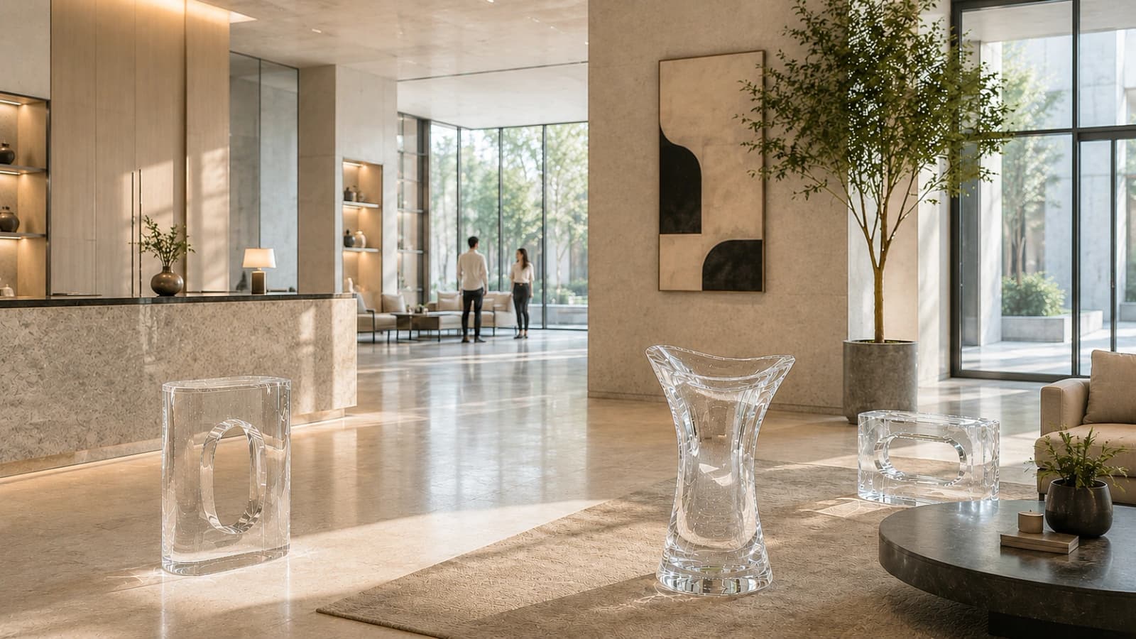 Transparent sculptural displays shown in a commercial interior setting