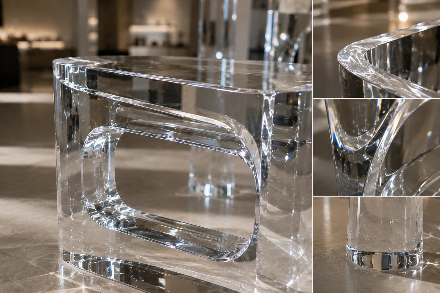 Close-up of polished transparent sculptural display surfaces and edges