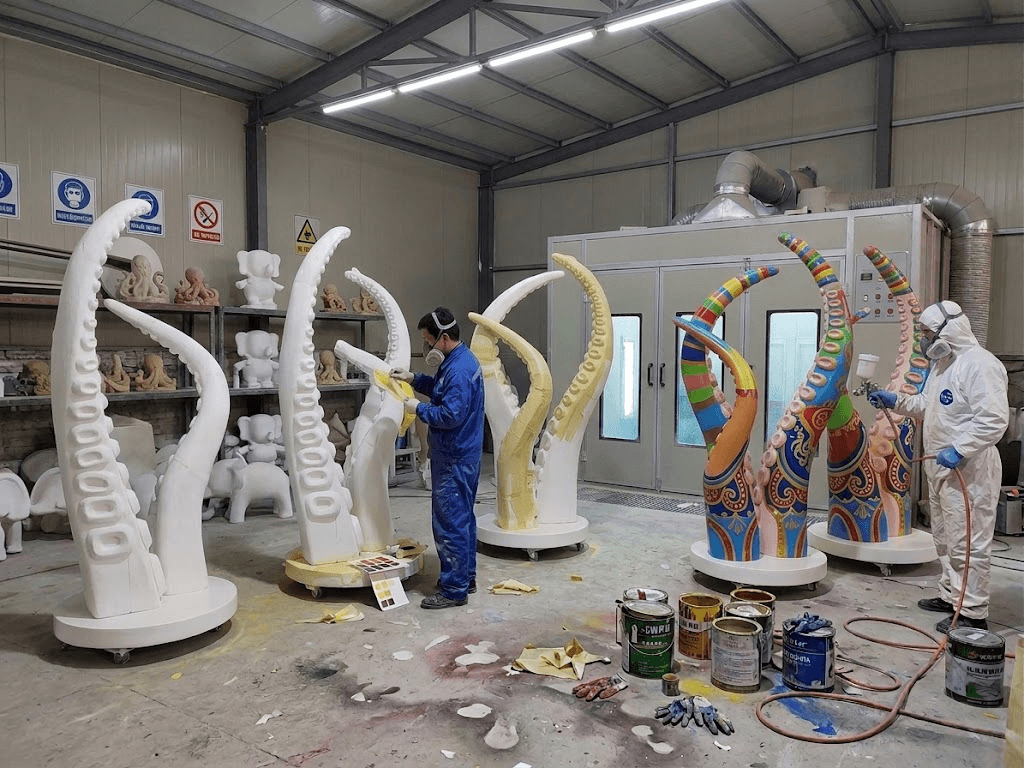 Two workers carrying out surface finishing on tentacle sculptures at different production stages in the YAVIS workshop
