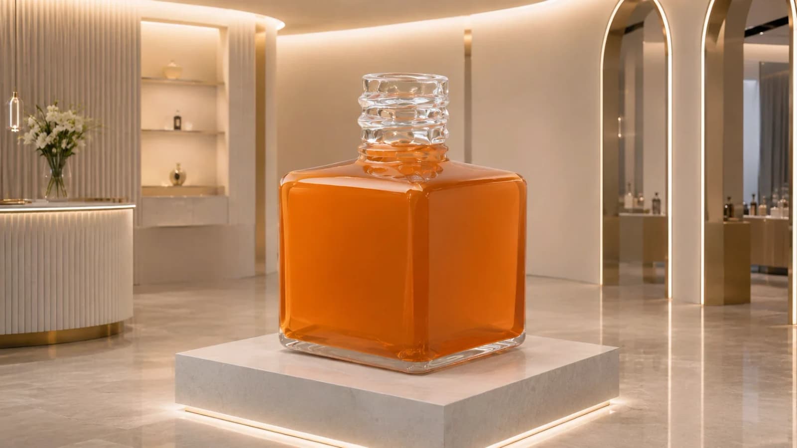 Oversized translucent orange perfume bottle replica in a retail display setting