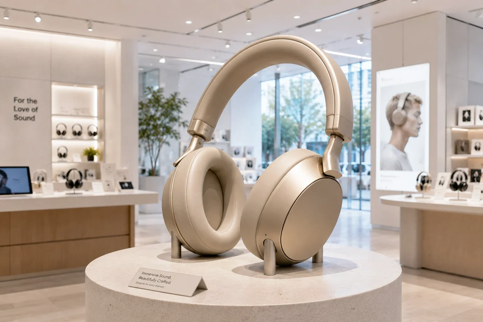 Champagne-gold oversized headphones replica in a technology retail setting