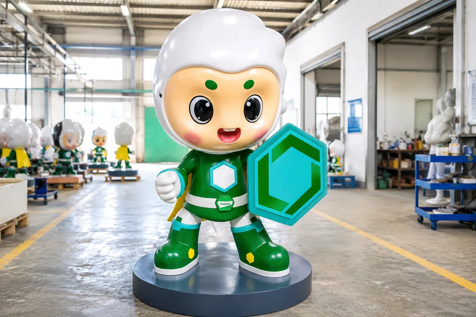 Completed Treezo mascot sculpture with visor and shield