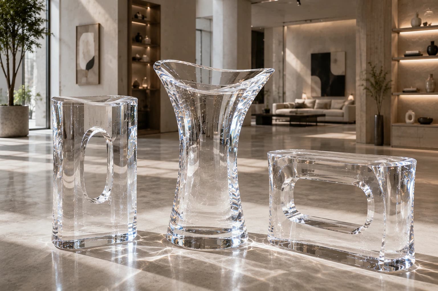 Transparent sculptural display series for commercial interiors