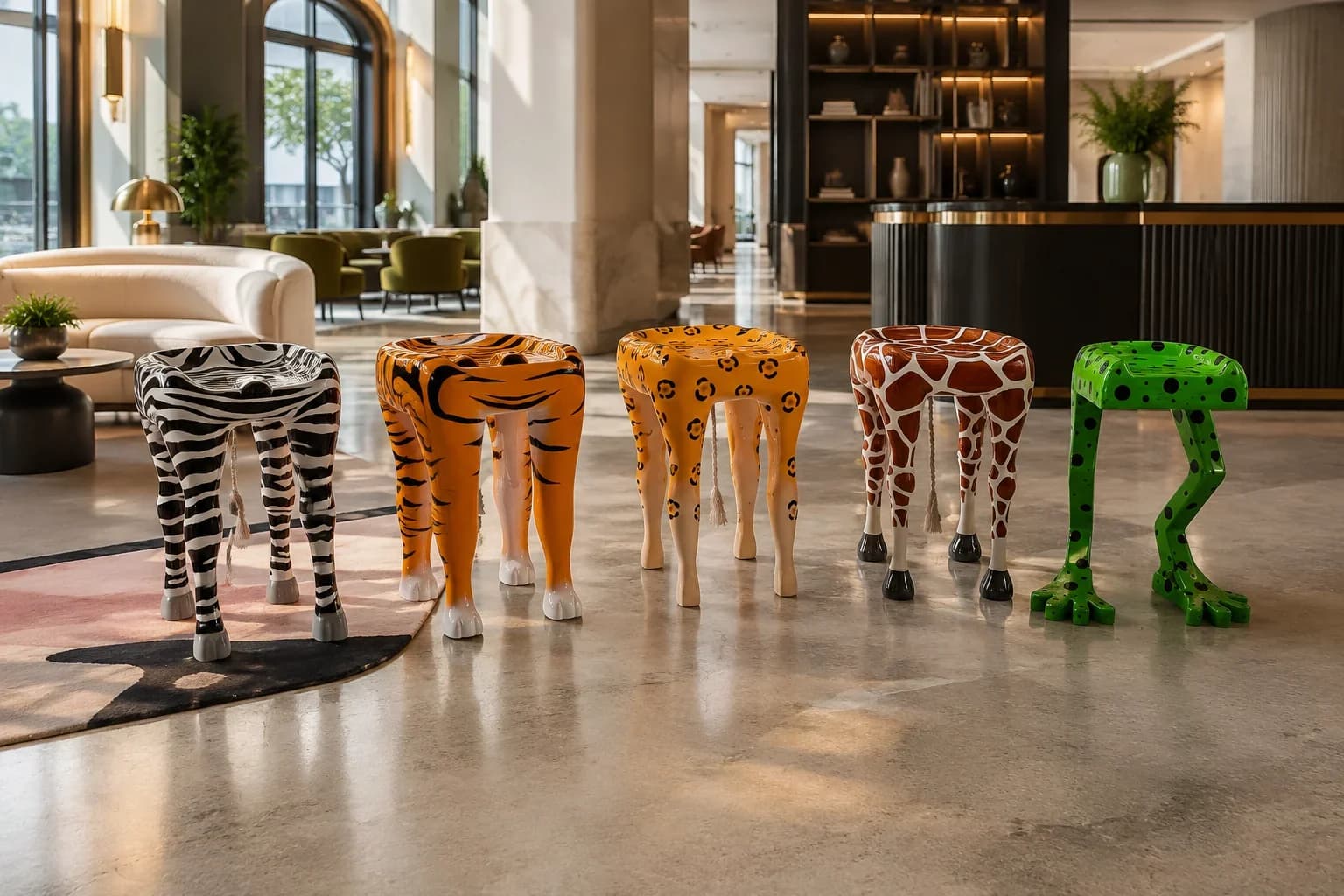 Animal-inspired sculptural seating shown in a hospitality and leisure interior setting
