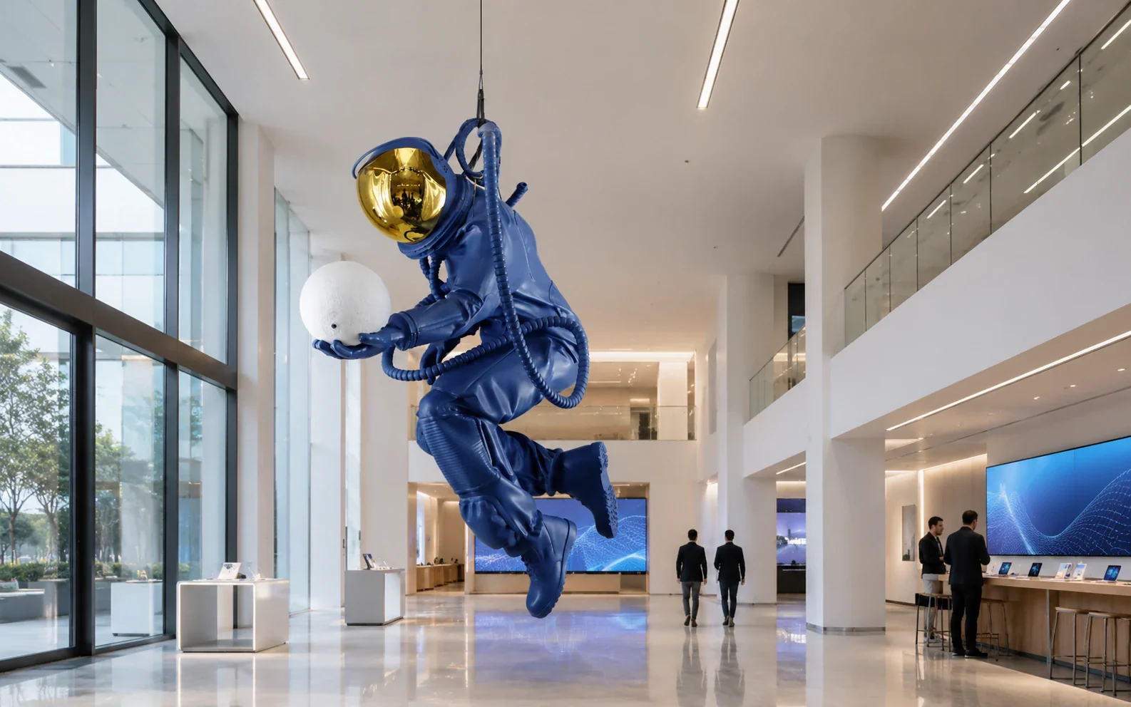 Deep-blue suspended astronaut sculpture with a mirrored gold visor and white sphere in a bright technology-themed interior