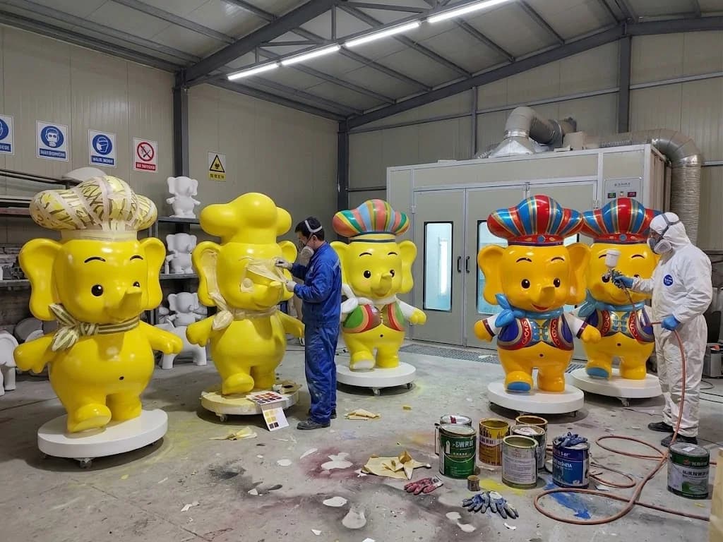 Custom fiberglass character sculptures being spray finished in YAVIS workshop